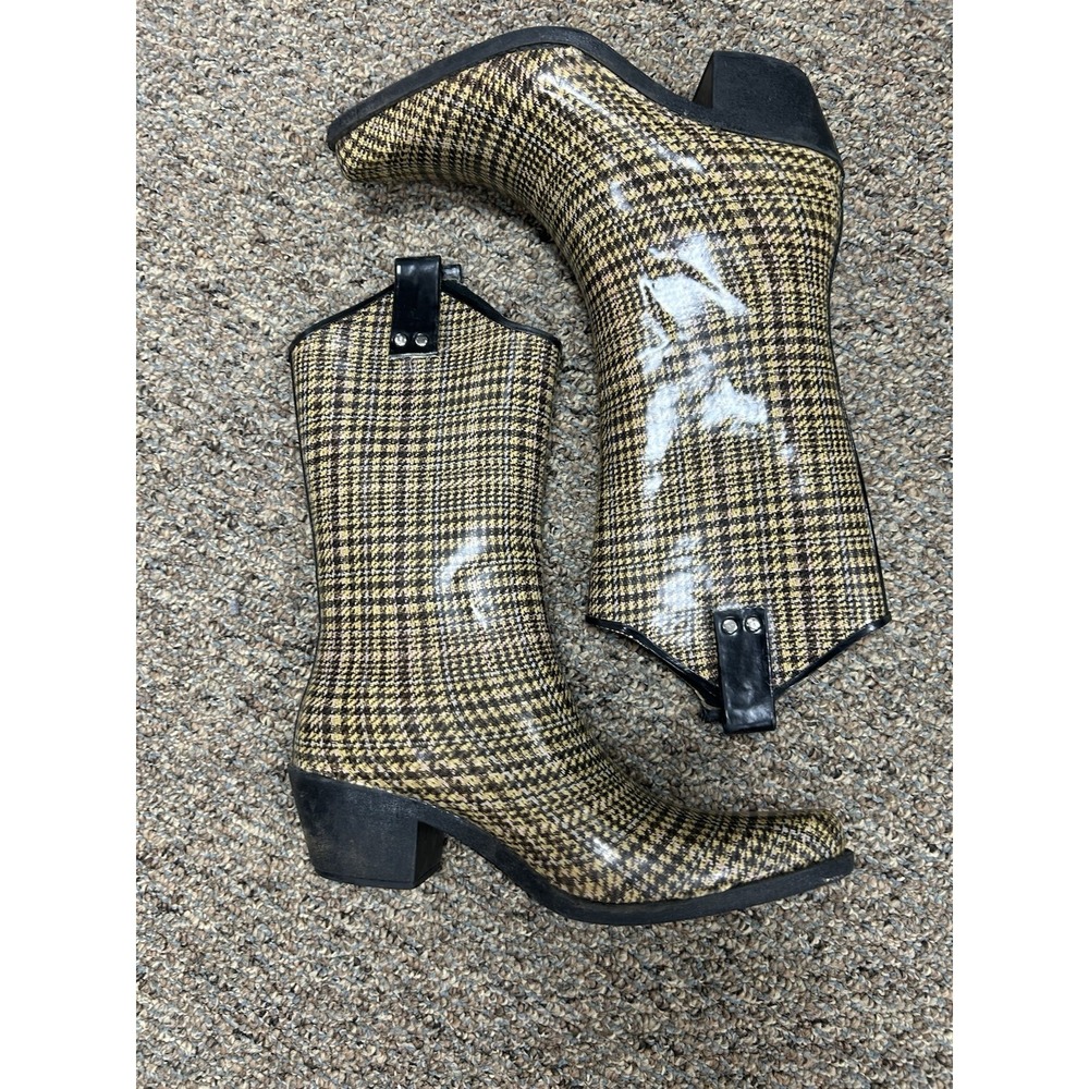 Nomad Womens Rain Cowboy Boots Size 7 Tan Black Plaid Rubber Pointy Toe